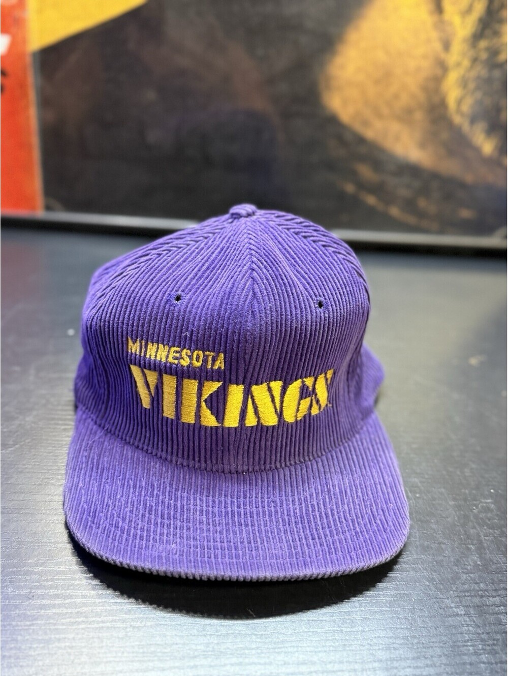 Vintage AJD Minnesota Vikings Corduroy Snapback Hat Purple Green Underbill